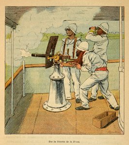 De oorlog in Madagaskar - Anecdotische geschiedenis van de Franse expedities van 1885-1895 door Henri Galli, geïllustreerd door Louis Bombled: Kanonschot op de Hovas aan boord van de kanonneerboot 