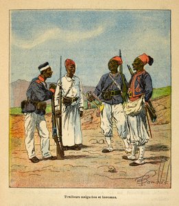 De oorlog in Madagaskar - Anecdotische geschiedenis van de Franse expedities van 1885-1895 door Henri Galli, geïllustreerd door Louis Bombled: Malagassische en Haoussas Tirailleurs, privécollectie door Louis Charles Bombled
