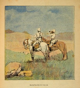 De oorlog in Madagaskar - Anecdotische geschiedenis van de Franse expedities van 1885-1895 door Henri Galli, geïllustreerd door Louis Bombled: Militairen op verkenning aan de grens van Imerne naar Madagaskar in 1895 door Louis Charles Bombled