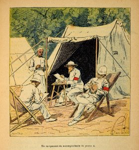 De oorlog in Madagaskar - Anecdotische geschiedenis van de Franse expedities van 1885-1895 door Henri Galli, geïllustreerd door Louis Bombled: Een kamp van krantenverslaggevers in Madagaskar in 1895 door Louis Charles Bombled