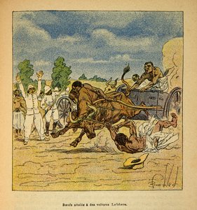 De oorlog in Madagaskar - Anecdotische geschiedenis van de Franse expedities van 1885-1895 door Henri Galli, geïllustreerd door Louis Bombled: Ossen getroffen door auto