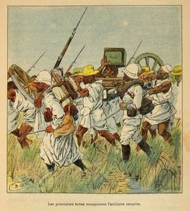De oorlog in Madagaskar - Anecdotische geschiedenis van de Franse expedities van 1885-1895 door Henri Galli, geïllustreerd door Louis Bombled: Gevangenen Hovas gebruikt om artilleriestukken te vervoeren door Louis Charles Bombled
