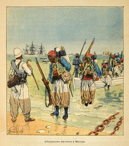 De oorlog in Madagaskar - Anekdotische geschiedenis van de Franse expedities van 1885-1895 door Henri Galli, geïllustreerd door Louis Bombled: Debarquement des Turcos a Majunga door Louis Charles Bombled