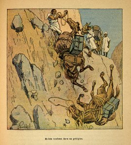 De oorlog in Madagaskar-Anekdotische geschiedenis van de Franse expedities van 1885-1895 door Henri Galli, geïllustreerd door Louis Bombled: Muilezels van een militair konvooi vallen in een afgrond door Louis Charles Bombled