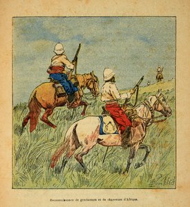 De oorlog in Madagaskar-Anekdotische geschiedenis van de Franse expedities van 1885-1895 door Henri Galli, geïllustreerd door Louis Bombled: Herkenning van gendarmes en jagers uit Afrika in Madagaskar in 1895 door Louis Charles Bombled