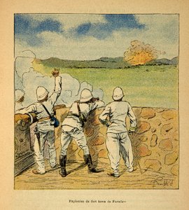 De oorlog in Madagaskar-Anekdotische geschiedenis van de Franse expedities van 1885-1895 door Henri Galli, geïllustreerd door Louis Bombled: Explosie van Fort Hova in Farafate in 1895 door Louis Charles Bombled