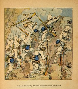 De oorlog in Madagaskar-Anekdotische geschiedenis van de Franse expedities van 1885-1895 door Henri Galli, geïllustreerd door Louis Bombled: Slag bij Tsinainondry, het vreemdelingenlegioen bij de aanval op de Hovas-batterijen in 1895 door Louis Charles Bombled