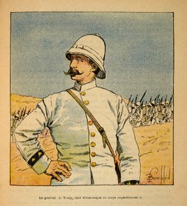 De oorlog in Madagaskar-Anekdotische geschiedenis van de Franse expedities van 1885-1895 door Henri Galli, geïllustreerd door Louis Bombled: Portret van generaal De Torcy, stafchef van de expeditieleger in Madagaskar
