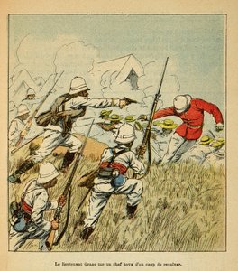De oorlog in Madagaskar-Anekdotische geschiedenis van de Franse expedities van 1885-1895 door Henri Galli, geïllustreerd door Louis Bombled: Luitenant Grss doodt een Hova-hoofd tijdens de Tsarasaotra-gevechten in 1895 door Louis Charles Bombled