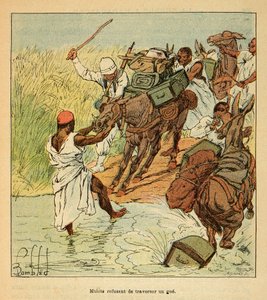 De oorlog in Madagaskar-Anekdotische geschiedenis van de Franse expedities van 1885-1895 door Henri Galli, geïllustreerd door Louis Bombled: Muilezels weigeren een doorwaadbare plaats over te steken tijdens de Franse expeditie naar Madagaskar in 1895 door Louis Charles Bombled