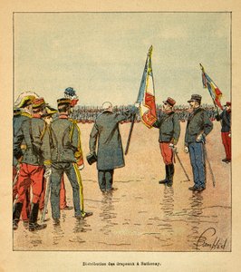 De oorlog in Madagaskar-Anekdotische geschiedenis van de Franse expedities van 1885-1895 door Henri Galli, geïllustreerd door Louis Bombled: Distributie van vlaggen in Sathonay aan de troepen die vertrekken naar Madagaskar in 1895