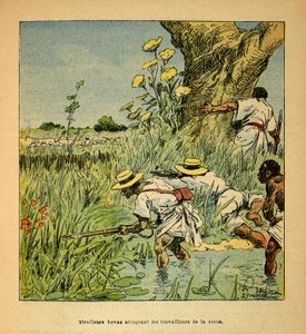 De oorlog in Madagaskar - Anecdotische geschiedenis van de Franse expedities van 1885-1895 door Henri Galli, geïllustreerd door Louis Bombled: Hovas Tirailleurs vallen het leger aan dat een weg bouwt in 1895 door Louis Charles Bombled
