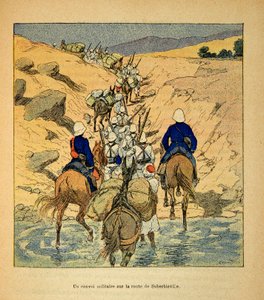 De oorlog in Madagaskar - Anecdotische geschiedenis van de Franse expedities van 1885-1895 door Henri Galli, geïllustreerd door Louis Bombled: een militair konvooi op weg naar Suberbieville in 1895 door Louis Charles Bombled