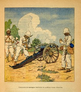 De oorlog in Madagaskar - Anecdotische geschiedenis van de Franse expedities van 1885-1895 door Henri Galli, geïllustreerd door Louis Bombled: De bergartillerie bombardeerde de Hovas-posities bij Andriba in 1895 door Louis Charles Bombled