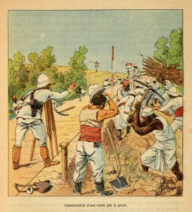 De oorlog in Madagaskar - Anecdotische geschiedenis van de Franse expedities van 1885-1895 door Henri Galli, geïllustreerd door Louis Bombled: Aanleg van een weg in Madagaskar door Genie in 1895 door Louis Charles Bombled