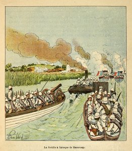 De oorlog in Madagaskar - Anecdotische geschiedenis van de Franse expedities van 1885-1895 door Henri Galli, geïllustreerd door Louis Bombled: De marine-infanterie viel de stad Marovoay aan in 1895