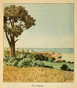 De oorlog in Madagaskar - Anecdotische geschiedenis van de Franse expedities van 1885-1895 door Henri Galli, geïllustreerd door Louis Bombled: Uitzicht op de stad Majunga in de 19e eeuw