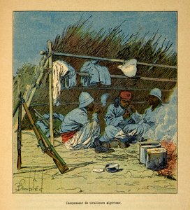 De Oorlog in Madagaskar-Anekdotische Geschiedenis van de Franse Expedities van 1885-1895 door Henri Galli alias Galllichet (1854-1922), geïllustreerd door Louis Bombled (1862-1927): Kamp van Algerijnen in Madagaskar in 1895, Privécollectie door Louis Charles Bombled
