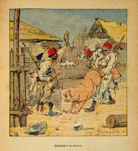 De Oorlog in Madagaskar-Anekdotische Geschiedenis van de Franse Expedities van 1885-1895 door Henri Galli alias Galllichet (1854-1922), geïllustreerd door Louis Bombled (1862-1927): Plundering van Tirailleurs in Boerderijen, Privécollectie