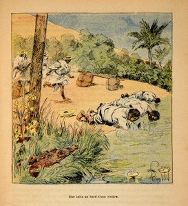 De Oorlog in Madagaskar-Anekdotische Geschiedenis van de Franse Expedities van 1885-1895 door Henri Galli alias Galllichet (1854-1922), geïllustreerd door Louis Bombled (1862-1927): Een stop bij de rivier in 1895, Privécollectie door Louis Charles Bombled