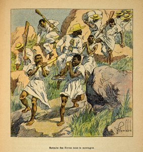 De Oorlog in Madagaskar-Anekdotische Geschiedenis van de Franse Expedities van 1885-1895 door Henri Galli alias Galllichet (1854-1922), geïllustreerd door Louis Bombled (1862-1927): Terugtrekking van Hovas-troepen in de Bergen, Privécollectie door Louis Charles Bombled
