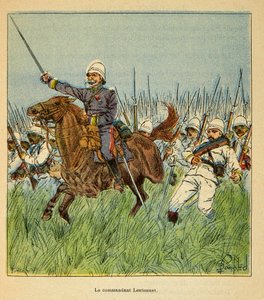 De Oorlog in Madagaskar-Anekdotische Geschiedenis van de Franse Expedities van 1885-1895 door Henri Galli alias Galllichet (1854-1922), geïllustreerd door Louis Bombled (1862-1927): De Commandant Lentonnet (1840-1896) met de Franse troepen tijdens de verde