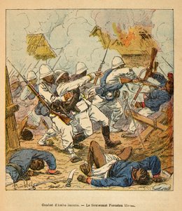 De oorlog in Madagaskar - Anecdotische geschiedenis van de Franse expedities van 1885-1895 door Henri Galli, geïllustreerd door Louis Bombled: Luitenant Foreston gewond tijdens de gevechten van Ambolomonty in 1895, Privécollectie door Louis Charles Bombled