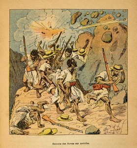 De oorlog in Madagaskar-Anekdotische geschiedenis van de Franse expedities van 1885-1895 door Henri Galli dit Galllichet (1854-1922), geïllustreerd door Louis Bombled (1862-1927): Terugtocht van de Hovas op Andriba, Privécollectie door Louis Charles Bombled