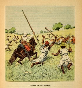 De oorlog in Madagaskar-Anekdotische geschiedenis van de Franse expedities van 1885-1895 door Henri Galli dit Galllichet (1854-1922), geïllustreerd door Louis Bombled (1862-1927): De jacht op wilde ossen in Madagaskar in 1895, Privécollectie door Louis Charles Bombled
