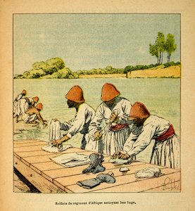 De oorlog in Madagaskar-Anekdotische geschiedenis van de Franse expedities van 1885-1895 door Henri Galli dit Galllichet (1854-1922), geïllustreerd door Louis Bombled (1862-1927): Soldaten van het Afrikaanse regiment die hun was doen aan de oever van een r