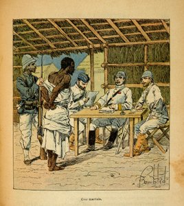 De oorlog in Madagaskar-Anekdotische geschiedenis van de Franse expedities van 1885-1895 door Henri Galli dit Galllichet (1854-1922), geïllustreerd door Louis Bombled (1862-1927): Ondervraging van een Hovas-gevangene door de Fransen, Privécollectie door Louis Charles Bombled