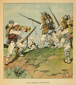 De oorlog in Madagaskar-Anekdotische geschiedenis van de Franse expedities van 1885-1895 door Henri Galli dit Galllichet (1854-1922), geïllustreerd door Louis Bombled (1862-1927): De 40e voetjagers tijdens de gevechten in Beritza in 1895, Privécollectie door Louis Charles Bombled