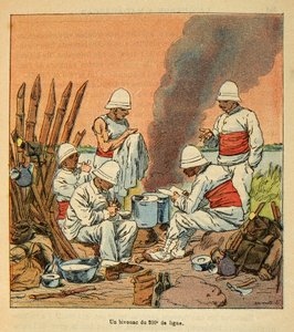 De oorlog in Madagaskar-Anekdotische geschiedenis van de Franse expedities van 1885-1895 door Henri Galli dit Galllichet (1854-1922), geïllustreerd door Louis Bombled (1862-1927): Een bivak van de 200e linie in Madagaskar in 1895, Privécollectie door Louis Charles Bombled