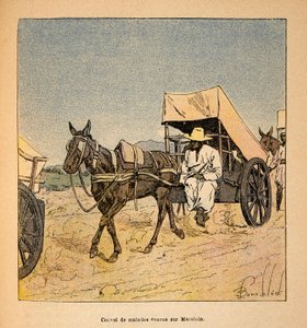 De Oorlog in Madagaskar-Anekdotische Geschiedenis van de Franse Expedities van 1885-1895 door Henri Galli, geïllustreerd door Louis Bombled: Konvooi van zieke ontsnappingen op Marololo, privécollectie door Louis Charles Bombled
