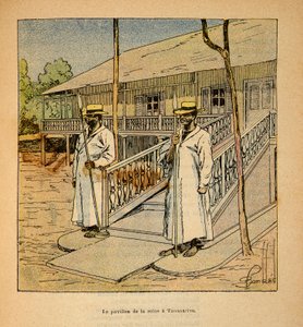 De Oorlog in Madagaskar-Anekdotische Geschiedenis van de Franse Expedities van 1885-1895 door Henri Galli, geïllustreerd door Louis Bombled: Het paviljoen van koningin Ranavalona in Tananarive in 1895, privécollectie