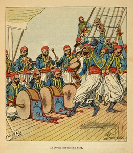 De Oorlog in Madagaskar-Anekdotische Geschiedenis van de Franse Expedities van 1885-1895 door Henri Galli, geïllustreerd door Louis Bombled: La nouba van de turcos aan boord van het schip op weg naar Madagaskar, privécollectie door Louis Charles Bombled