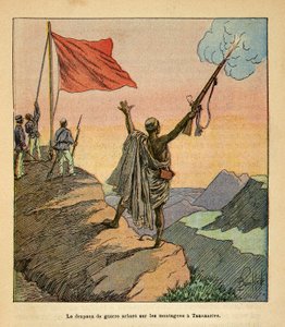 De Oorlog in Madagaskar-Anekdotische Geschiedenis van de Franse Expedities van 1885-1895 door Henri Galli, geïllustreerd door Louis Bombled: De Malagassische Rode Oorlogsvlag geplant op de Tananarive Bergen, privécollectie door Louis Charles Bombled