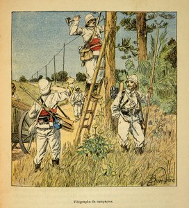 De oorlog in Madagaskar - Anekdotische geschiedenis van de Franse expedities van 1885-1895 door Henri Galli, geïllustreerd door Louis Bombled: Implementatie van de campagne telegraaf door het leger in Madagaskar in 1895 door Louis Charles Bombled
