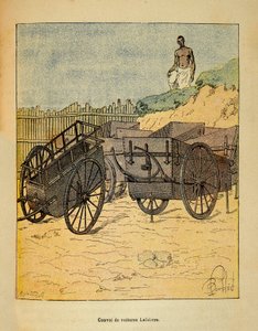 De oorlog in Madagaskar - Anekdotische geschiedenis van de Franse expedities van 1885-1895 door Henri Galli, geïllustreerd door Louis Bombled: Konvooi van auto