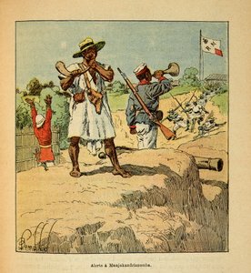 De oorlog in Madagaskar-Anekdotische geschiedenis van de Franse expedities van 1885-1895 door Henri Galli, geïllustreerd door Louis Bombled: Malagassische troepen in Manjakandrianomba op de komst van Franse troepen in 1895 door Louis Charles Bombled