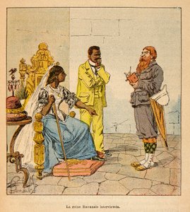 De oorlog in Madagaskar-Anekdotische geschiedenis van de Franse expedities van 1885-1895 door Henri Galli, geïllustreerd door Louis Bombled: een Engelse journalist interviewt koningin Ravanalo in 1895 in aanwezigheid van zijn premier