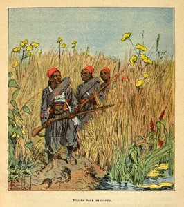 De oorlog in Madagaskar - Anecdotische geschiedenis van de Franse expedities van 1885-1895 door Henri Galli, geïllustreerd door Louis Bombled: Franse troepen op expeditie in de moerassen van Madagaskar in 1895, Privécollectie door Louis Charles Bombled