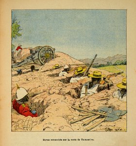 De oorlog in Madagaskar-Anekdotische geschiedenis van de Franse expedities van 1885-1895 door Henri Galli dit Galllichet (1854-1922), geïllustreerd door Louis Bombled (1862-1927): Hovas troepen in loopgraven op de weg naar Tannarive in 1895, Privécollectie door Louis Charles Bombled