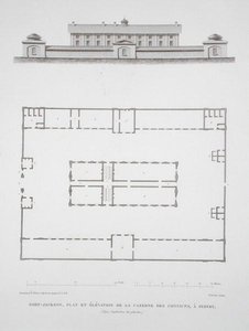 Plattegrond en aanzicht van het gebouw voor veroordeelden in Port Jackson, nabij Sydney, uit Voyage Autour du Monde (1817-20), gepubliceerd 1822-24 door Louis Claude Desaulses de Freycinet