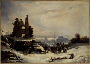 De terugkeer van de markt (sneeuweffect op Parijs), ca. 1830 (olieverf op doek) door Louis Claude Mallebranche
