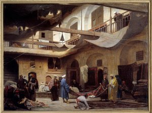 De tapijtbazaar in de Khan-Khabil in Caïro in 1866