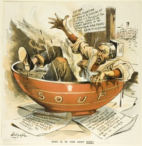Wie zit er nu in de soep, uit Puck door Louis Dalrymple