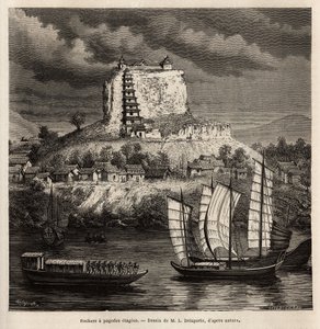 Een rots met pagodastages en verschillende boten op de blauwe rivier (China), gravure naar de tekening van L. Delaporte, ter illustratie van de ontdekkingsreis in Indochina door Francis Garnier, luitenant van het schip, in 1866-1868, gepubliceerd in 