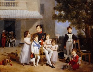 Keizer Napoleon I op het terras van het Château Saint-Cloud omringd door zijn kinderen