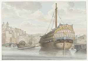 Gezicht op haven met galei schip vlakbij de werf (Voyage en Italie, en Sicile et à Malte - 1778)